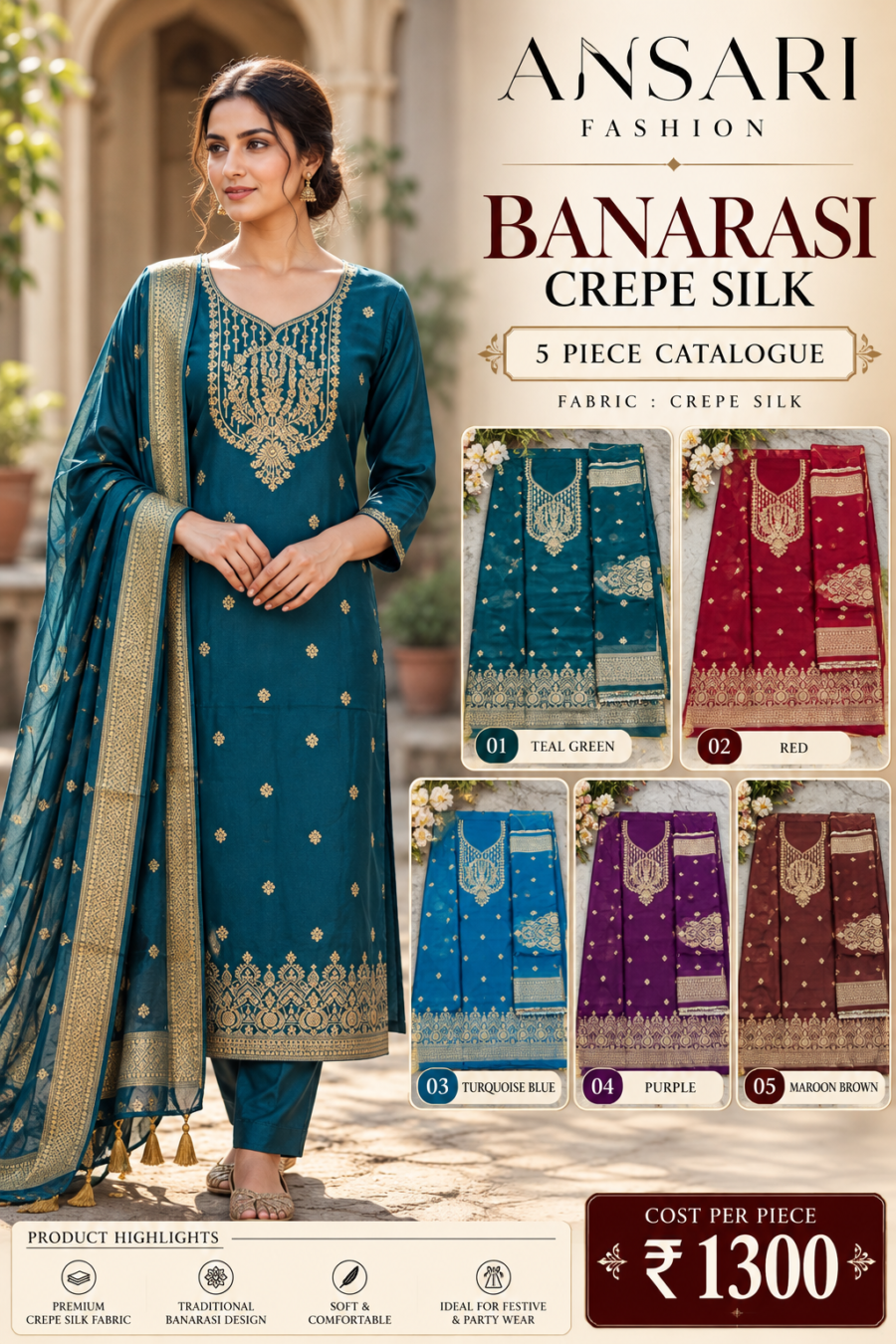 Banarasi Silk Dress Material Wholesale – 5 Pcs Bundle