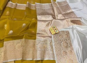Kora Pure Organza Banarasi Saree Dark Yellow border contrast