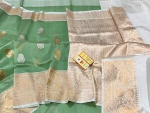 Kora Organza Banarasi Saree in Pista Green contrast border