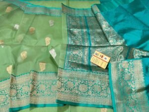 Kora Organza Banarasi Saree – Light Pista contrast border