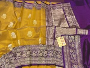 Kora Organza Banarasi Saree in Mustard contrast border