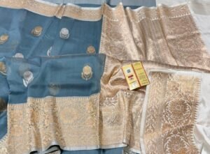 Kora pure Organza Saree in Grey Blue contrast border