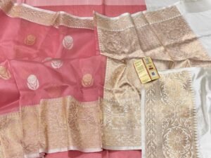 Kora Organza Banarasi Saree in Pink contrast border