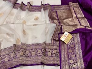 Kora Organza Banarasi Saree in white contrast border