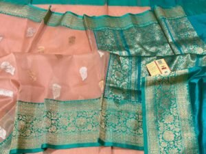Kora Organza Banarasi Saree in Peach contrast border