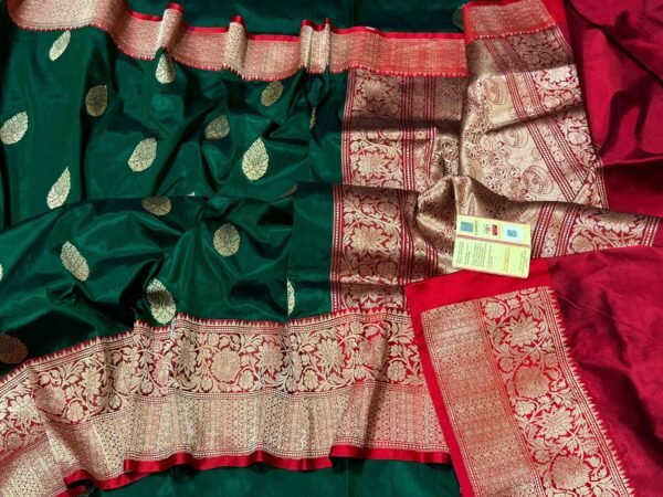 Banarasi Pure Silk Saree in Botal Green contras border