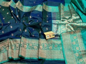 Banarasi Pure Silk Saree in Peacock Blue contras border