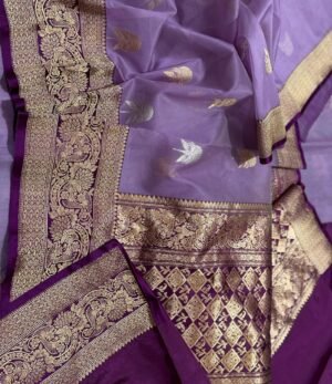 Banarasi Kora Saree Mashru Border Design Beautiful Floral Buti Colour Lavender