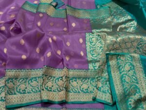 Banarasi Kora Saree Mashru Border Contrast Design Beautiful Floral Buti Colour Light Purple