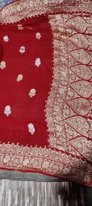 pure Khaddi Georgette red colour design gold & silver zari kadwa buti