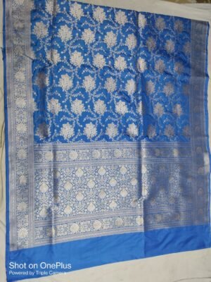 pure katan silk banarasi saree colour royal blue design weaving flower in jaal