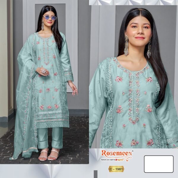 FEPIC Rosemeen C-1981 | Mint Green Embroidered Organza Pakistani Suit – Unstitched Luxury Dress 2025 - Image 2