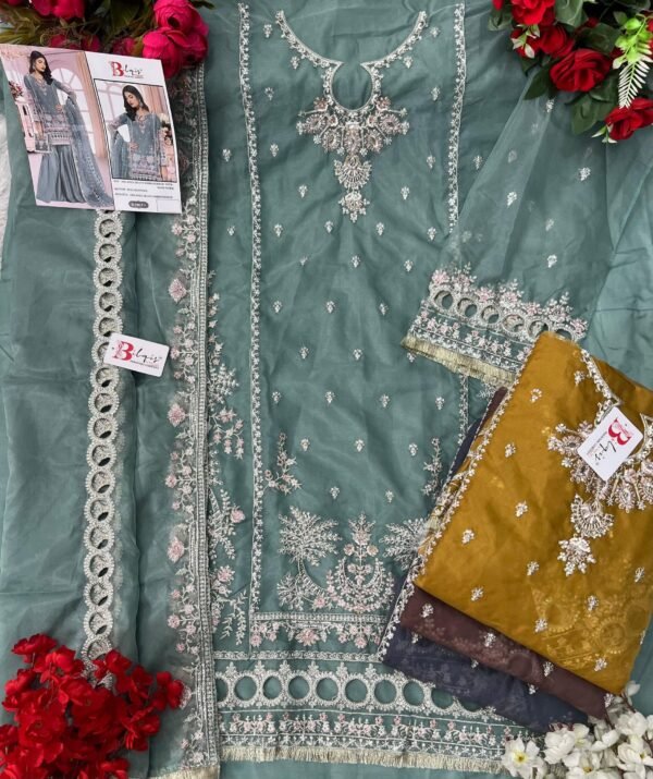 Bilqis B-106 Pakistani Suit Set – Organza Heavy Embroidered with Handwork | Unstitched Luxury Sharara Suit - Image 9