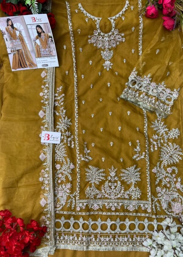 Bilqis B-106 Pakistani Suit Set – Organza Heavy Embroidered with Handwork | Unstitched Luxury Sharara Suit - Image 6