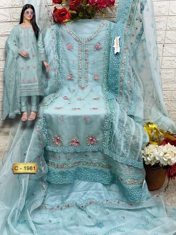 FEPIC Rosemeen C-1981 | Mint Green Embroidered Organza Pakistani Suit – Unstitched Luxury Dress 2025