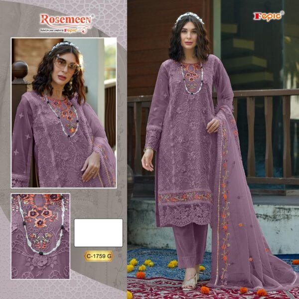 Fepic Rosemeen D.No.1759 Organza Pakistani Suit – Semi Stitched with Embroidery & Applique Work - Image 4