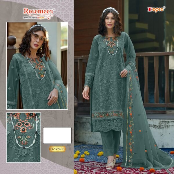 Fepic Rosemeen D.No.1759 Organza Pakistani Suit – Semi Stitched with Embroidery & Applique Work - Image 2