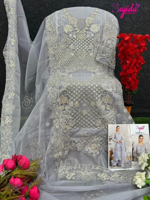 Sajida SARA Vol-1 | Organza Embroidered Designer Suit with Jarkan – D.No: 1047 A, B, C, D  – - Image 8
