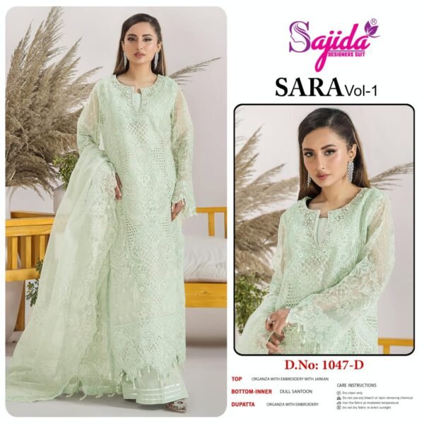 Sajida SARA Vol-1 | Organza Embroidered Designer Suit with Jarkan – D.No: 1047 A, B, C, D  – - Image 3