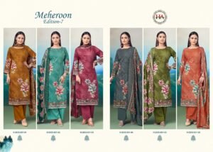 Meheroon-7 by Harshit Fashion Hub | Pure Rayon Printed Suits with Elegant Handwork – 6 Pc Set
