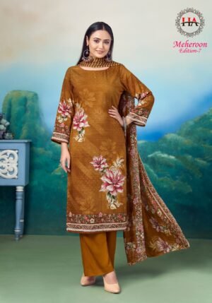 Meheroon-7 by Harshit Fashion Hub | Pure Rayon Printed Suits with Elegant Handwork – 6 Pc Set
