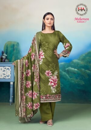 Meheroon-7 by Harshit Fashion Hub | Pure Rayon Printed Suits with Elegant Handwork – 6 Pc Set