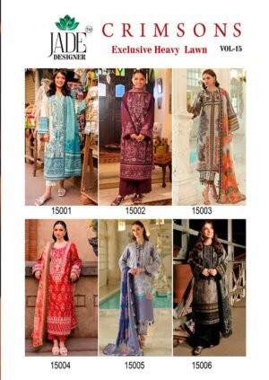 Jade Crimsons Vol-15 by Saanvi Trends | Heavy Lawn Cotton Karachi Print Unstitched Suit – 6 Pc Set