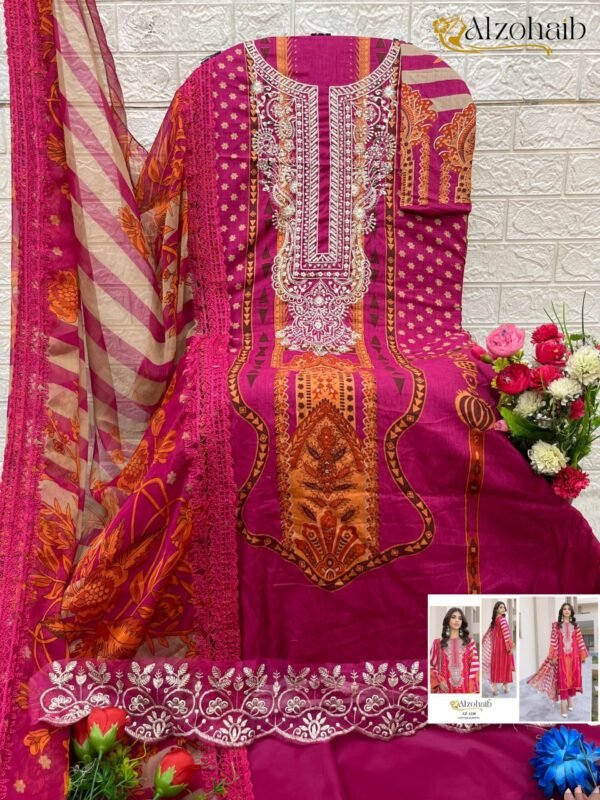 ALZOHAIB AZ-1220 | Pure Cotton Printed Suit with Self Work & Chiffon Dupatta – Unstitched Pakistani Style - Image 2