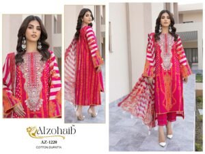ALZOHAIB AZ-1220 | Pure Cotton Printed Suit with Self Work & Chiffon Dupatta – Unstitched Pakistani Style