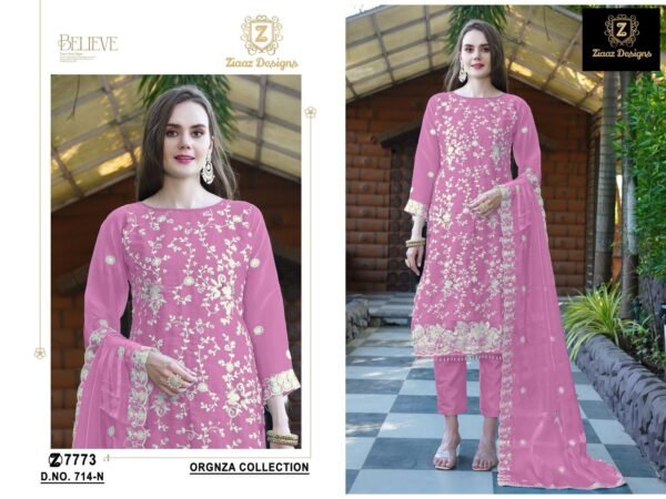 Ziaaz Designs D.No.714 Pakistani Suit – Organza Semi Stitched with Embroidery & Jarkan Work - Image 5