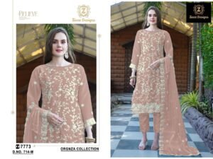 Home 285 Ziaaz Designs D.No.714 Pakistani Suit – Organza Semi Stitched with Embroidery & Jarkan Work