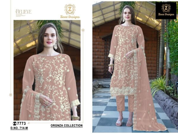 Ziaaz Designs D.No.714 Pakistani Suit – Organza Semi Stitched with Embroidery & Jarkan Work - Image 3