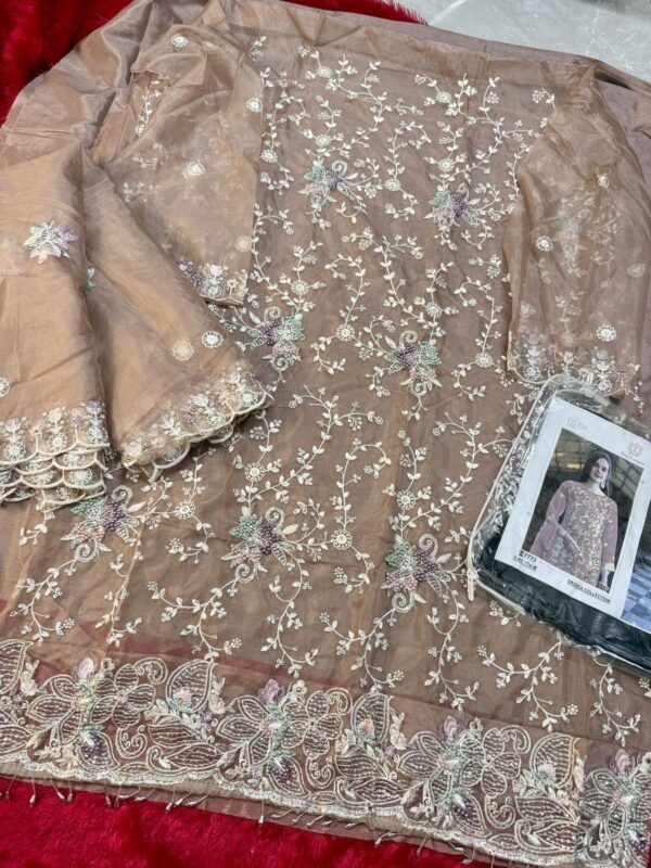 Ziaaz Designs D.No.714 Pakistani Suit – Organza Semi Stitched with Embroidery & Jarkan Work - Image 4
