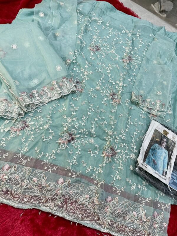 Ziaaz Designs D.No.714 Pakistani Suit – Organza Semi Stitched with Embroidery & Jarkan Work - Image 2