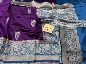 Banarasi Pure Row Mango Silk Handloom Saree Peacock Blue