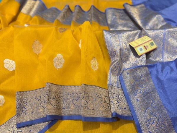 Banarasi Kora Silk Handloom Saree with Saturn Border in Mustard Yellow