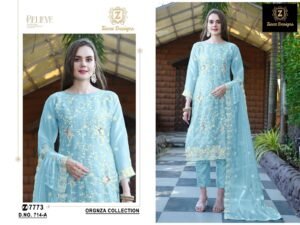 Home 283 Ziaaz Designs D.No.714 Pakistani Suit – Organza Semi Stitched with Embroidery & Jarkan Work