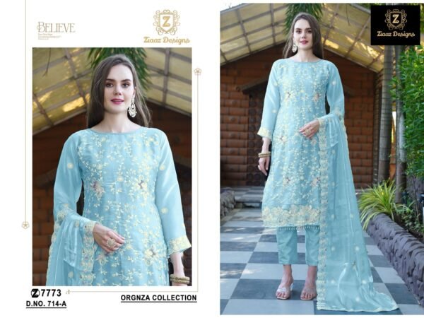 Ziaaz Designs D.No.714 Pakistani Suit – Organza Semi Stitched with Embroidery & Jarkan Work