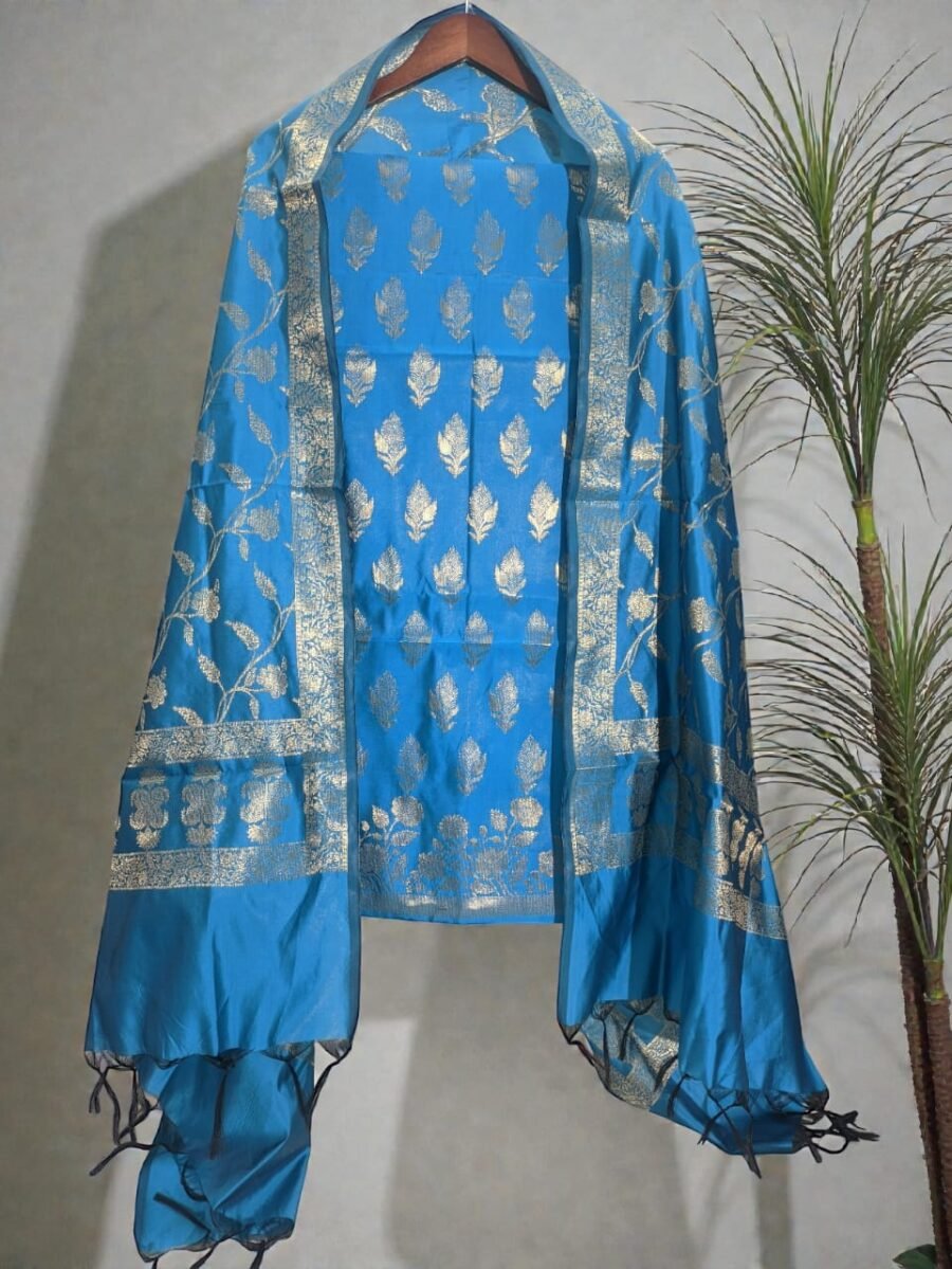 Aqua Blue Banarasi Silk Double Zari Woven Unstitched Suit Set for Women