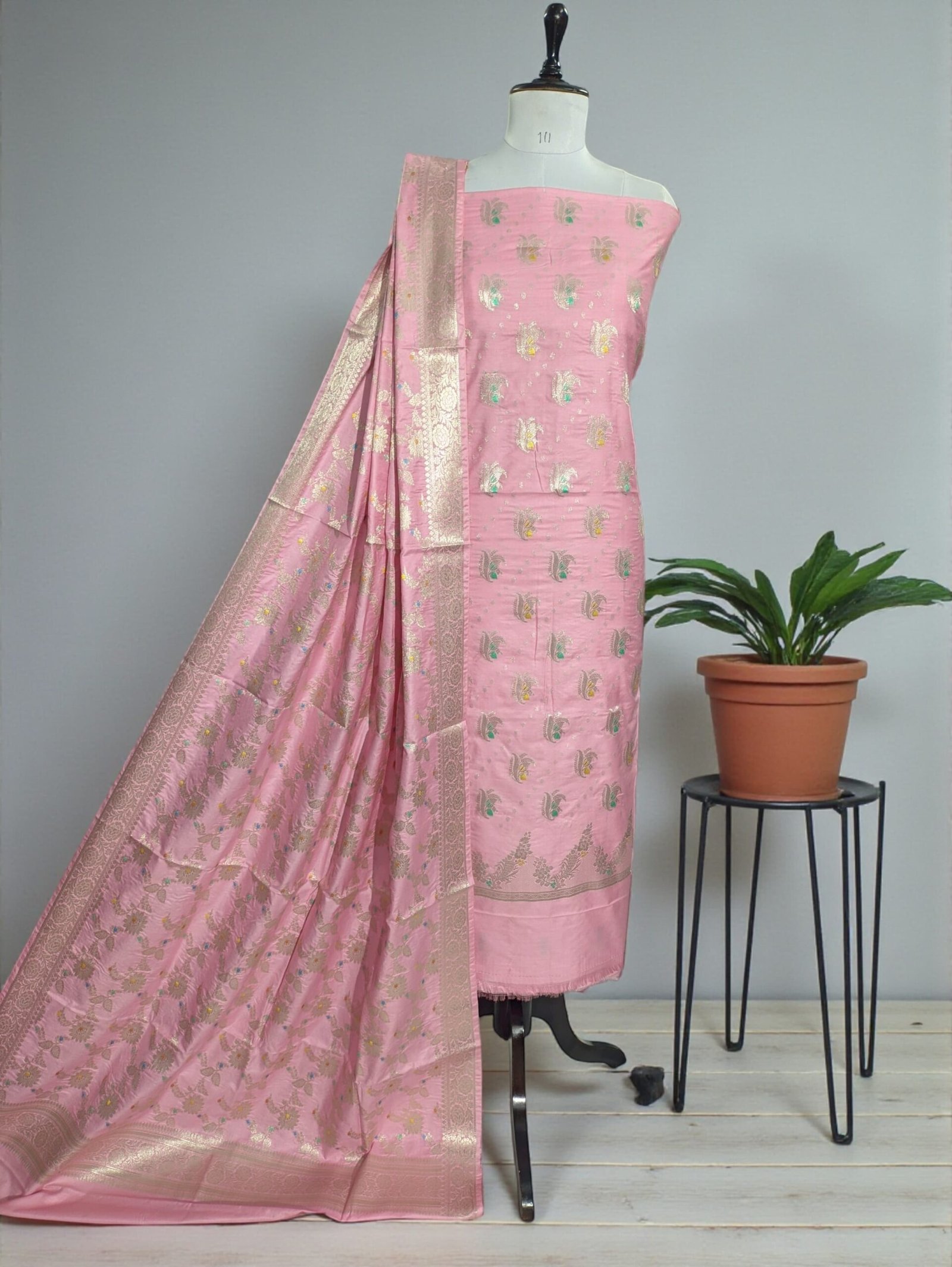 Banarasi Chiniya Silk Zari & Resham Meena Suit Set with Jhalar Dupatta – Baby Pink