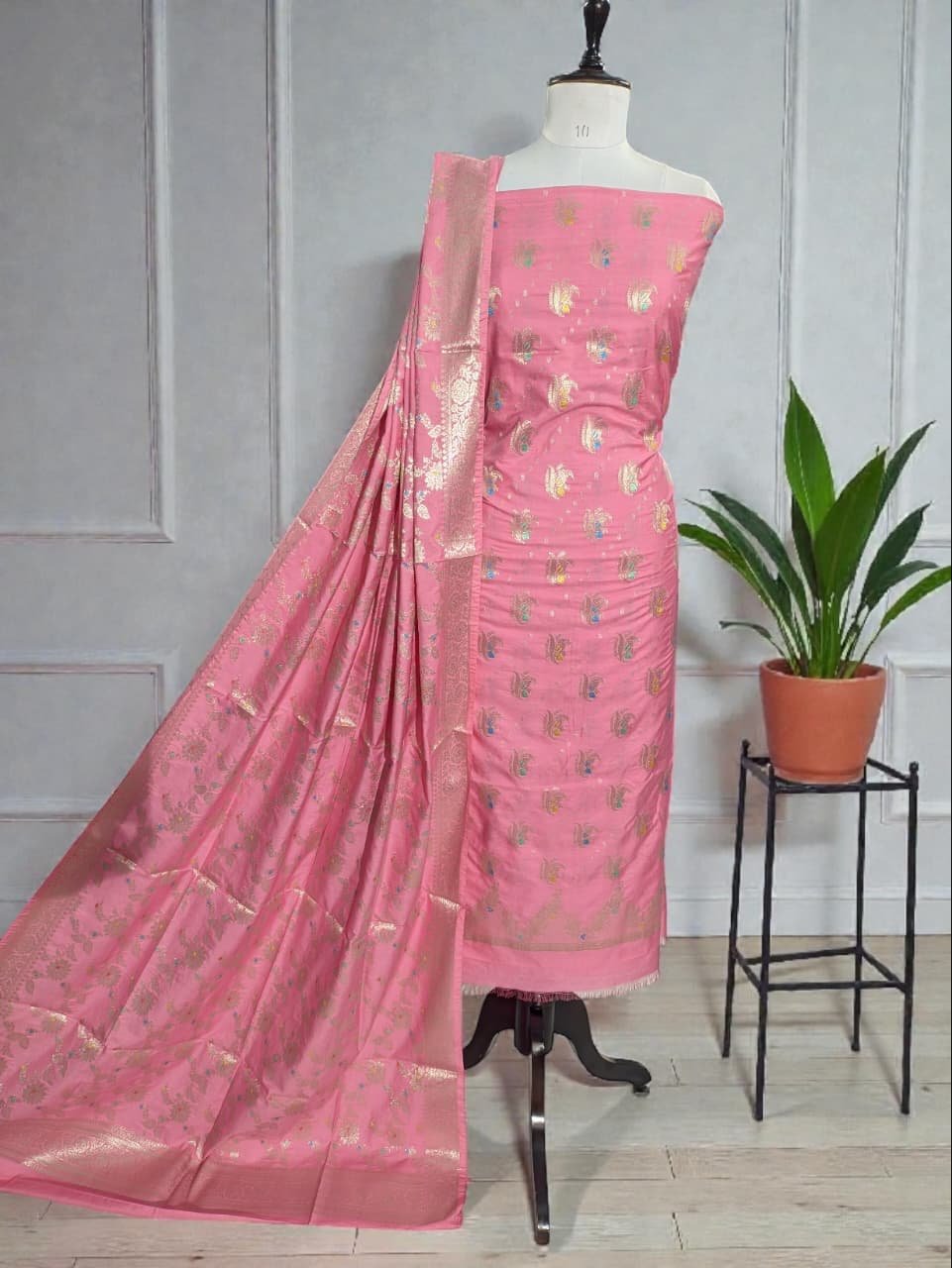 Banarasi Chiniya Silk Zari & Resham Meena Suit Set with Jhalar Dupatta – Dark Baby Pink