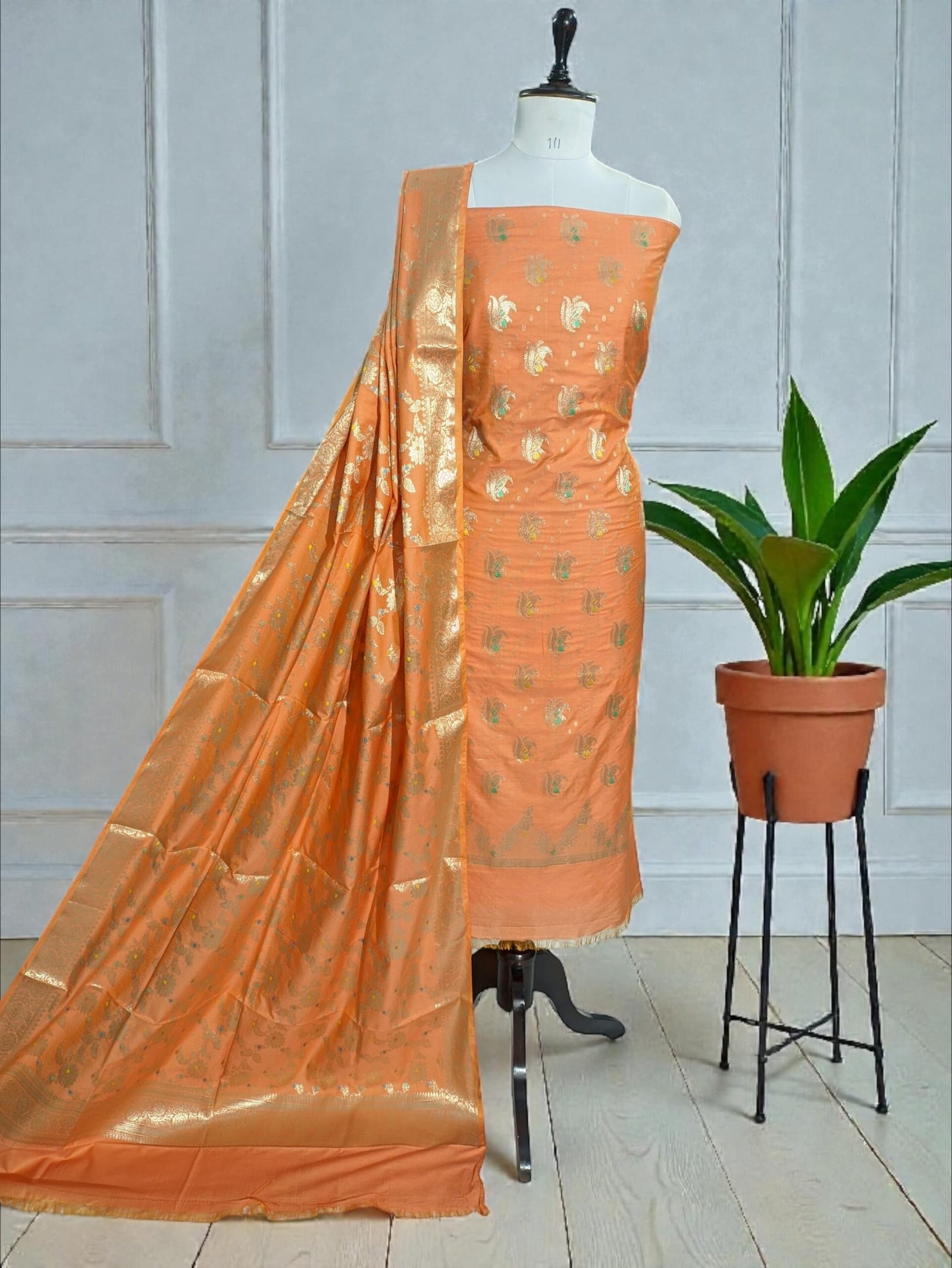 Banarasi Chiniya Silk Zari & Resham Meena Suit Set with Jhalar Dupatta – Peach 1 Banarasi Chiniya Silk Zari & Resham Meena Suit Set with Jhalar Dupatta – Peach