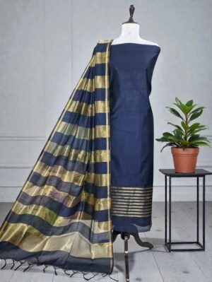 Banarasi Cotton Silk Suit Set with Zari Daman & Striped Dupatta – Deep Blue