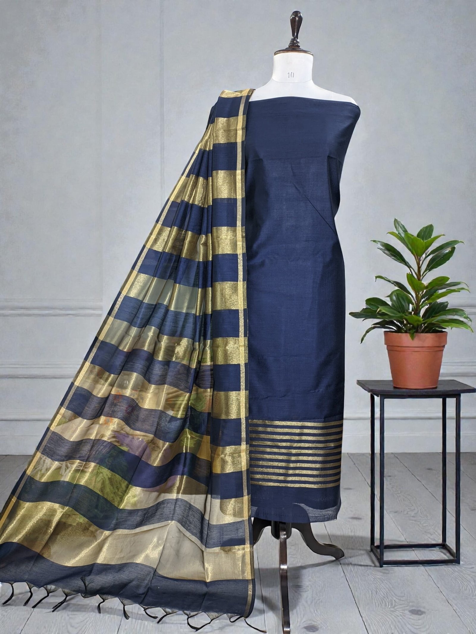 Banarasi Cotton Silk Suit Set with Zari Daman & Striped Dupatta – Deep Blue