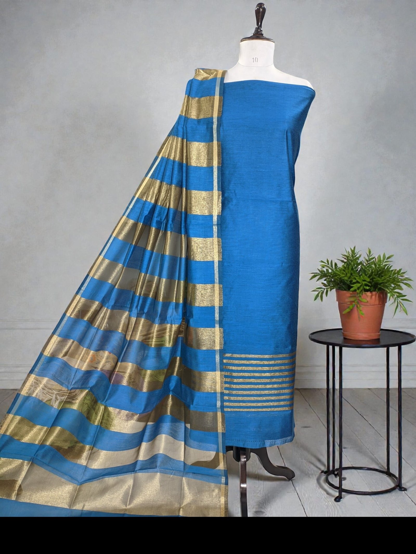 Banarasi Cotton Silk Suit Set with Zari Daman & Striped Dupatta – Vibrant Blue