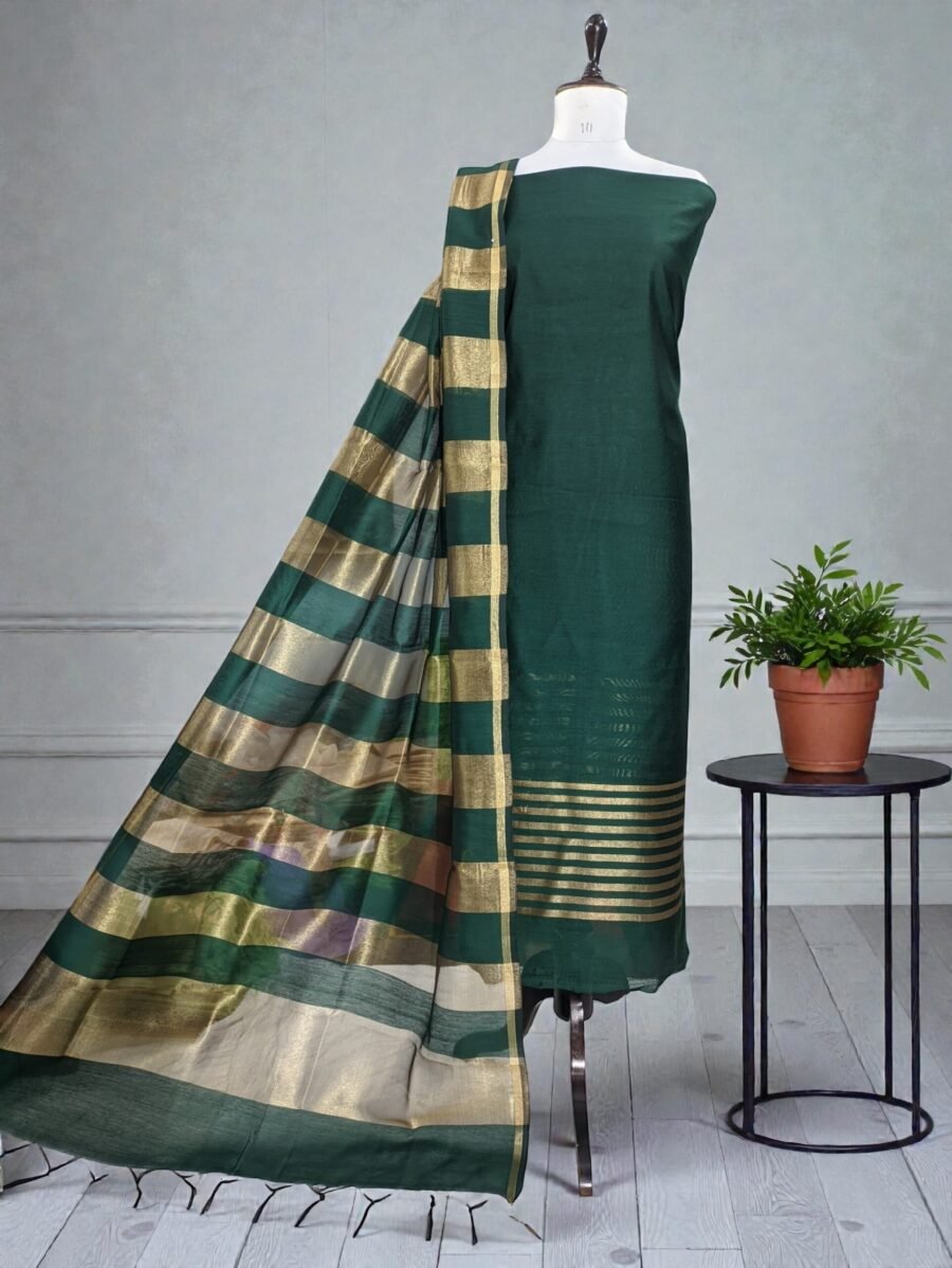 Banarasi Cotton Silk Suit – Deep Green Zari Daman Top with Zari Stripe Dupatta – Elegant Festive Wear