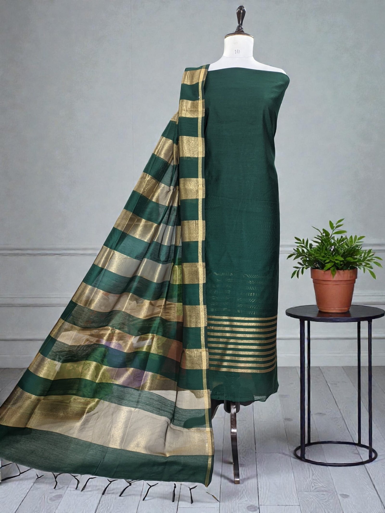 Banarasi Cotton Silk Suit – Deep Green Zari Daman Top with Zari Stripe Dupatta – Elegant Festive Wear