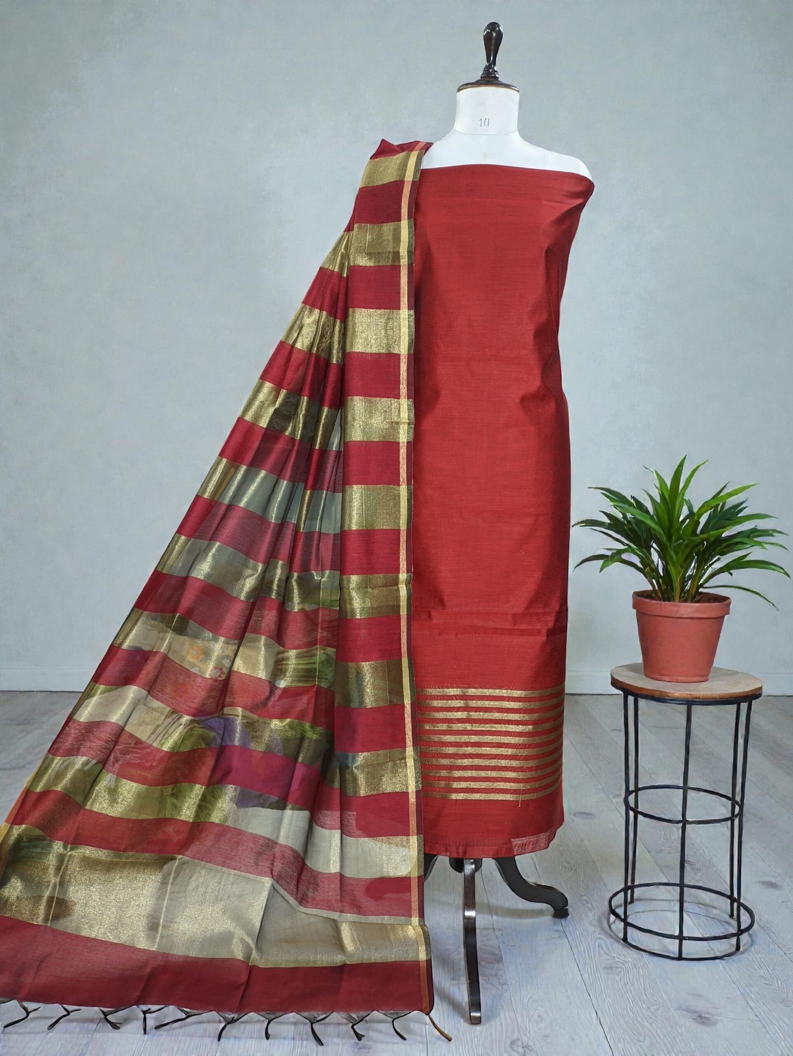 Banarasi Cotton Silk Suit – Maroon Zari Daman Top with Zari Stripe Dupatta – Elegant Festive Wear