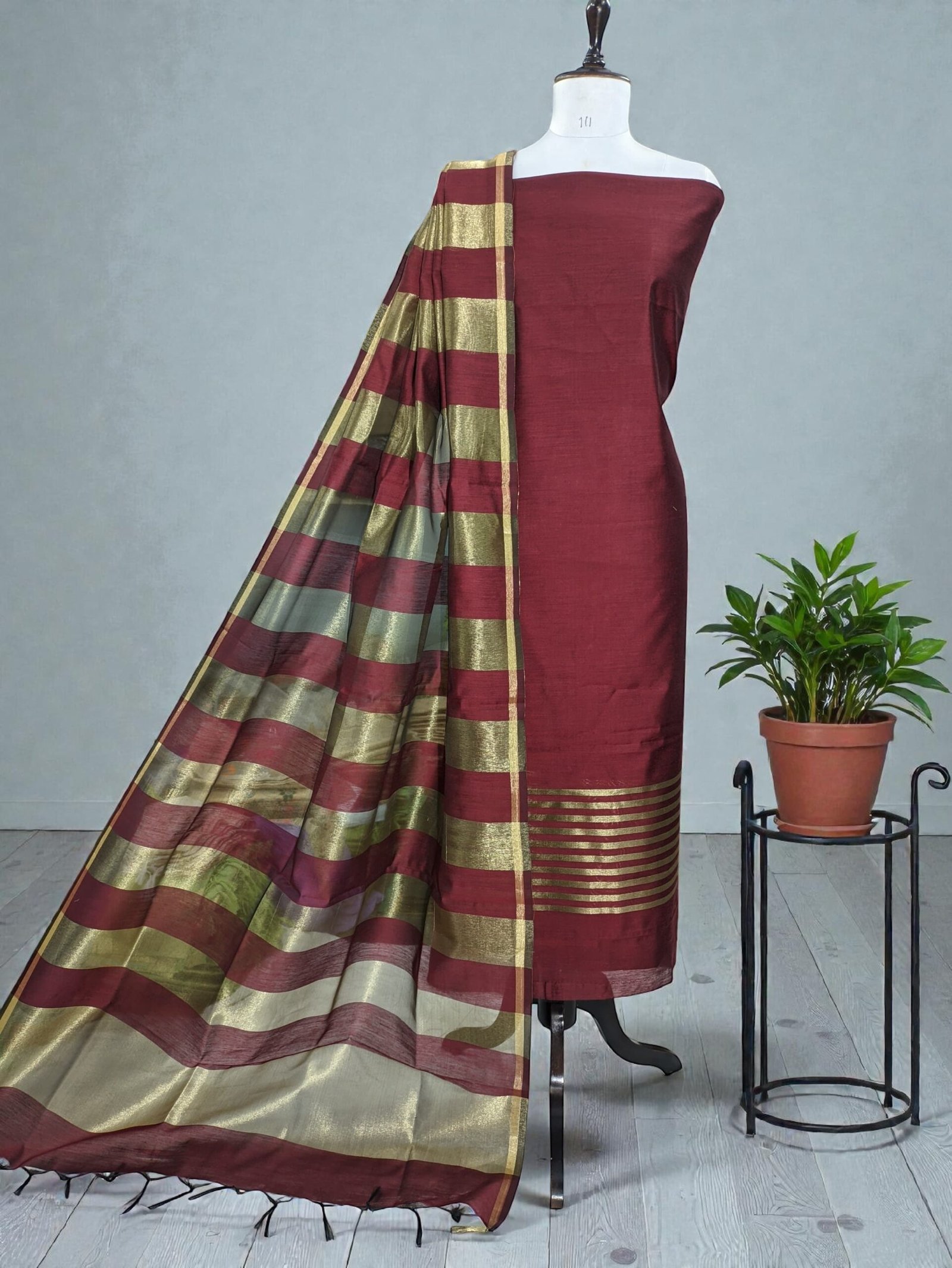 Banarasi Silk Suit Set with Zari Daman & Striped Dupatta – Rich Maroon 1 Banarasi Silk Suit Set with Zari Daman & Striped Dupatta – Rich Maroon