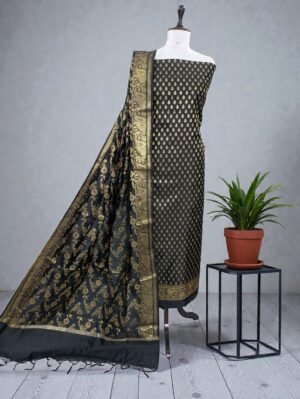 Banarasi Silk Zari Suit Set with Matching Dupatta – Navy Blue